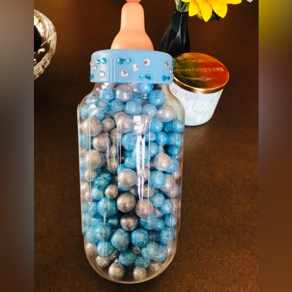 Giant baby bottle with blue & silver glitter balls. Baby shower guessing game. - Picture 5 of 5